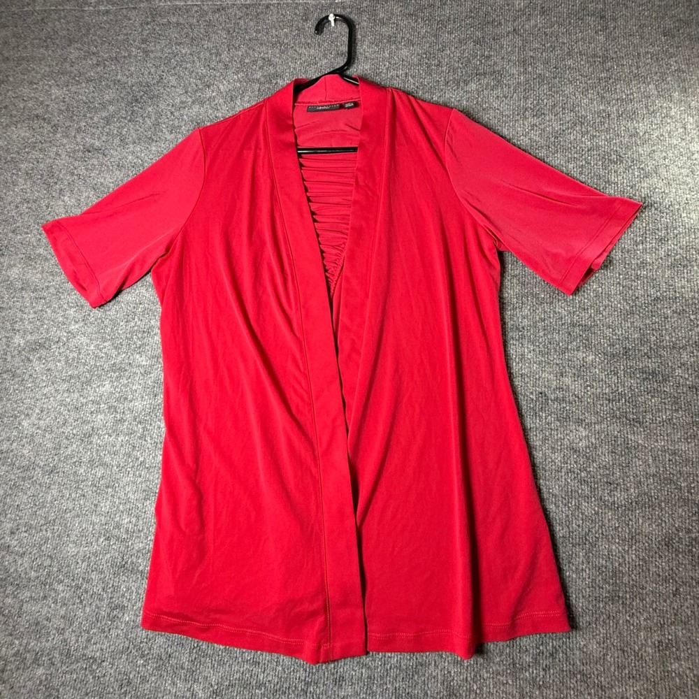 Susan Graver Artisan Womens Red Open Front Ruched Back Short Sleeve Cardigan M